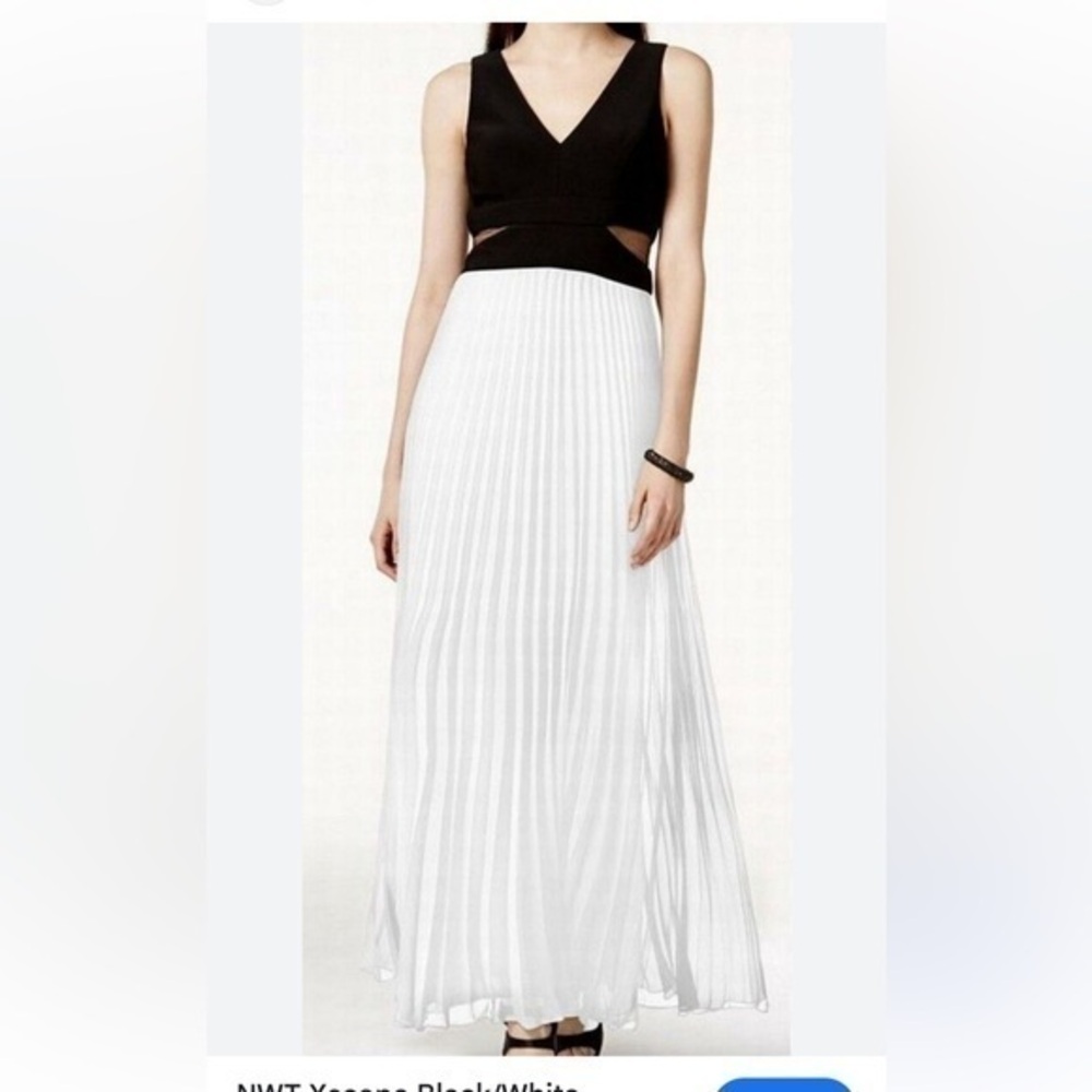 XSCAPE Illusion Inset Pleated Gown Maxi Dress Sleeveless Colorblock Black White